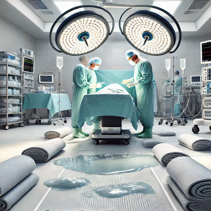 A highly sterile and clean operating room with a team of surgeons performing a fluid-intensive surgery. The operating room floor is covered with SupAbsorb Tech Mat