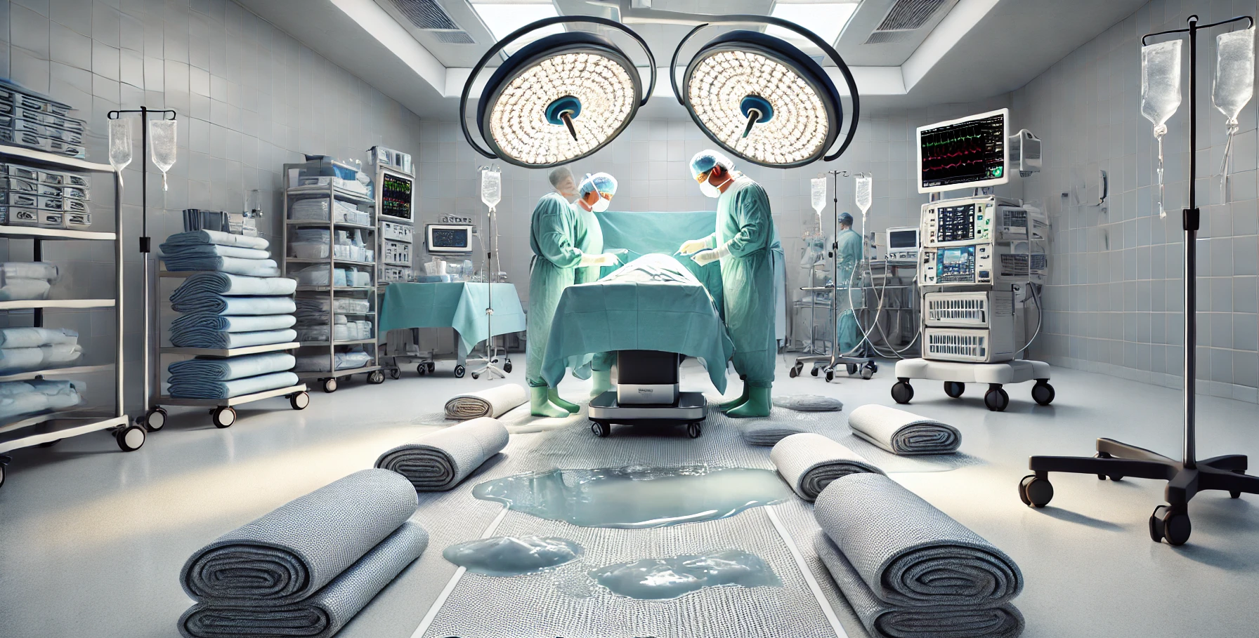 A highly sterile and clean operating room with a team of surgeons performing a fluid-intensive surgery. The operating room floor is covered with SupAbsorb Tech Mat